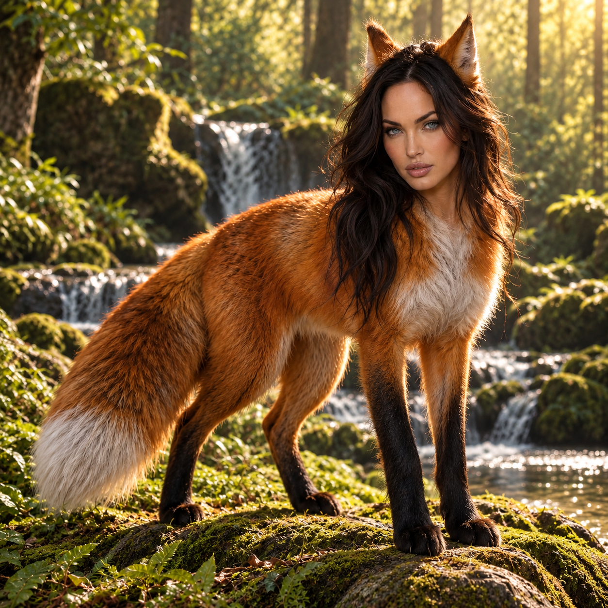 Fox Megan standing on a mossy rock in a sunlit forest